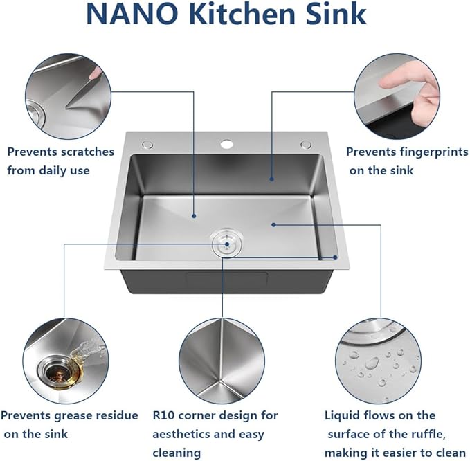 ARTLINE Drop In Stainless Steel Kitchen Sink, 3 Hole Topmount Single Bowl Workstation Sink, Farmhouse Workstation sink with Multiple Accessories (25.6 x 17.7in)