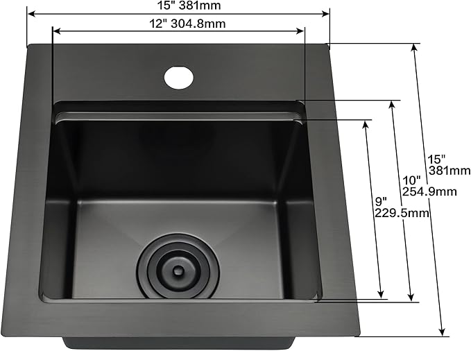 Black Drop In Bar Sink,16 Gauge 304S Stainless Steel Top Mount Kitchen SinK, All In One Workstation Sink with Accessories, 15" x 15" x 9" Small Kitchen Sink for RV,Outdoor and Wet bar
