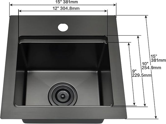 Black Drop In Bar Sink,16 Gauge 304S Stainless Steel Top Mount Kitchen SinK, All In One Workstation Sink with Accessories, 15" x 15" x 9" Small Kitchen Sink for RV,Outdoor and Wet bar