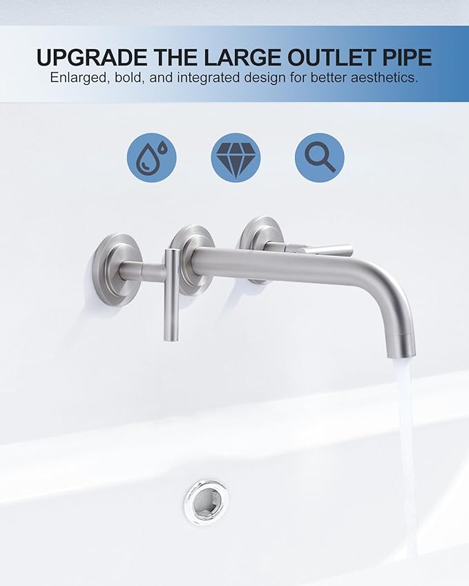 Brushed Nickel Bathroom Faucet,WOWOW 2 Handle Wall Mount Bathroom Faucet, Vessel Sink Faucet Wall Mount and Brass Rough-in Valve Included