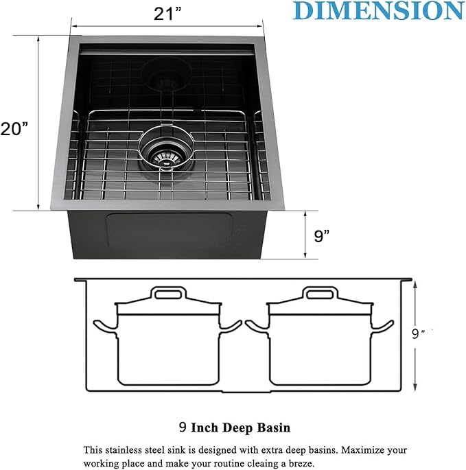 SHACO 21x20 Inch Black Kitchen Sink, 21 Inch Gunmetal Black Undermount Single Bowl Stainless Steel 16 Gauge Workstation Laundry Bar Sink with Accessories