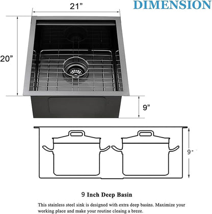 SHACO 21x20 Inch Black Kitchen Sink, 21 Inch Gunmetal Black Undermount Single Bowl Stainless Steel 16 Gauge Workstation Laundry Bar Sink with Accessories