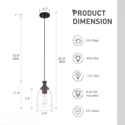 zeyu 1-Light Pendant Light Fixtures for Kitchen Bedroom, Farmhouse Hanging Pendant Light, Clear Glass Shade, Oil Rubbed Bronze Finish, ZG33M1L-L ORB
