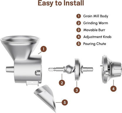 HOZODO Grain Mill Attachment for KitchenAid Stand Mixer, All Metal 9 Levels Flour Mill for KitchenAid, Suitable for Fully Dried Low-Moisture, Low-Oil Grains, Grain Corn, Millet, Wheat