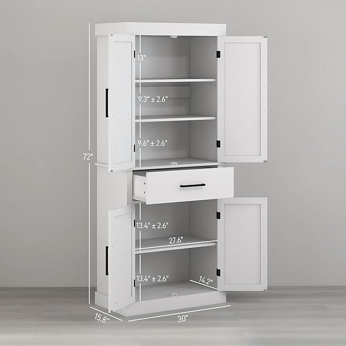 72" H Farmhouse Kitchen Pantry, Freestanding Storage Cabinet with 4 Barn Doors, Drawer, 5-Tier Shelf and Adjustable Shelves, White, Easy to Maintain, for Dining Room