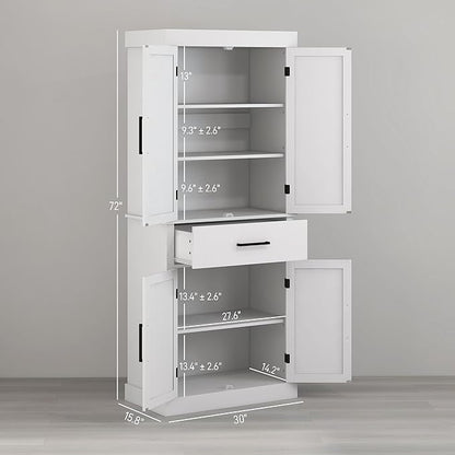72" H Farmhouse Kitchen Pantry, Freestanding Storage Cabinet with 4 Barn Doors, Drawer, 5-Tier Shelf and Adjustable Shelves, White, Easy to Maintain, for Dining Room