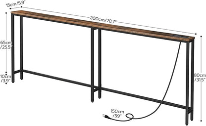 HOOBRO 78.7" Narrow Console Table with Charging Station, 5.9" Slim Sofa Table Behind Couch, 2 AC Outlets & USB-C Ports, Long Entryway Tables for Small Spaces, Livingroom, Rustic Brown BF205UXG01