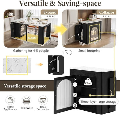 Extendable Drop Leaf Dining Table with Storage, Kitchen Island Cart with Outlet, Rolling Bar Table with Drawers and Glass Door Cabinet for Small Kitchen