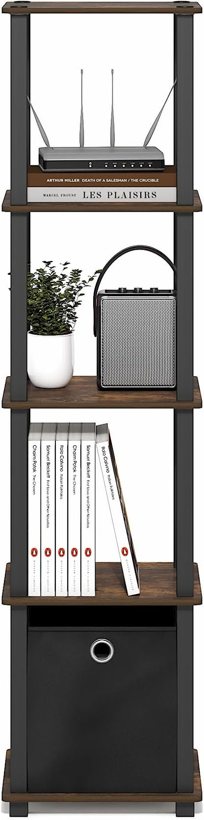 Furinno Turn-N-Tube Book Shelf, 5-Tier Square Open Frame Display Shelf, Corner Storage Shelves with Storage Bin, Shelving Unit, for Organization, Living Room, Garage, Home Office, Amber Pine
