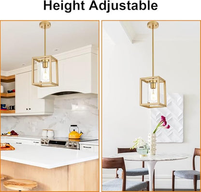 VINLUZ 1-Light Rustic Chandelier in Gold Finish Modern Industrial Pendant Lighting Fixture with Clear Glass Shade Hanging Ceiling Light for Dining Room