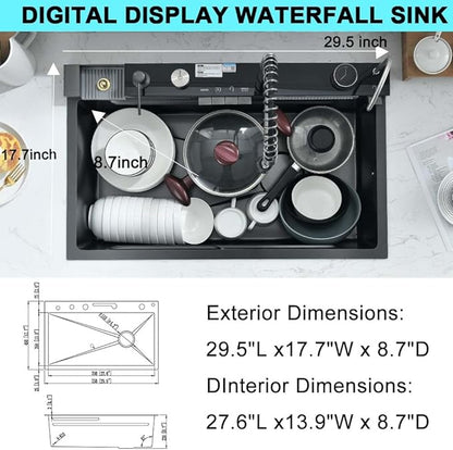 30 Inch Black Waterfall Kitchen Sink with Pull-Out Faucet Combo- Wesliv 30x18 Waterfall Sink Black Digital Display Smart Honeycomb Kitchen Sinks Deep Single Bowl with Accessories