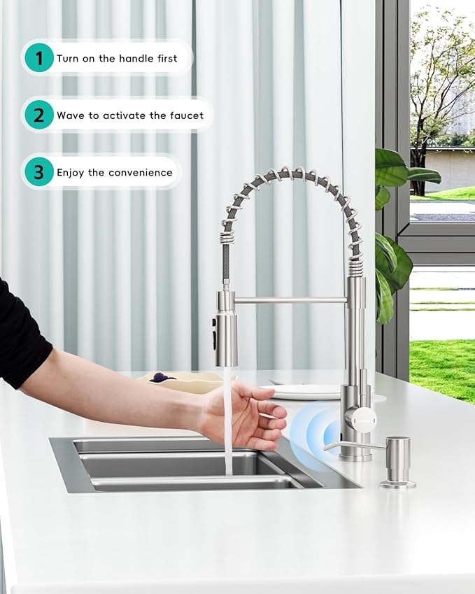 Touchless Spring Kitchen Sink Faucet with Pull Down Sprayer, Motion Sensor Touch on Faucets for Kitchen Sink, 360° Swivel Spout, Stainless Steel