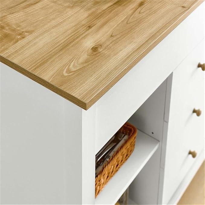 MAKLAINE Contemporary 3-Piece Kitchen Island and Stool Set, Oak White Finish, MDF/Particleboard Construction, Adjustable Shelves, Butcher Block Countertop, Pull-Out Table, Small Kitchen Dining Space