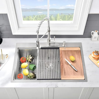 33 Inch Kitchen Sinks Drop In Workstation-VASOYO 33 x 22 Drop In Top Mount Kitchen Sink Stainless Steel 16 Gauge Deep Single Bowl Overmount Sink with Cutting Board