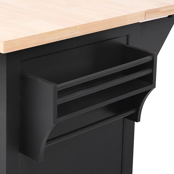 Kitchen Island with Drop Leaf,Power Outlet, Embossed Vertical Stripe Rolling on Wheels with 4 Doors,5 Deep Drawers and Adjustable Shelves,Dining Room (Black@94)