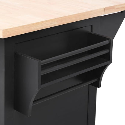 Kitchen Island with Drop Leaf,Power Outlet, Embossed Vertical Stripe Rolling on Wheels with 4 Doors,5 Deep Drawers and Adjustable Shelves,Dining Room (Black@94)