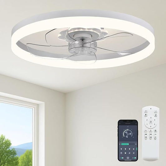 Fszdorj 23.6'' Ceiling Fan with Light, Upgraded Low Profile Fan, Flush Mount Ceiling Fan, 6 Speeds, Dimmable LED, App & Remote Control, Quiet DC Motor, for Bedroom, Living Room, F115 White