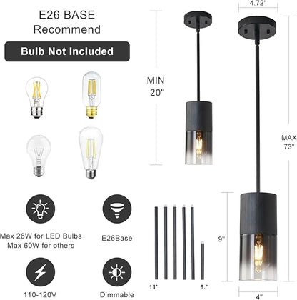Pendant Light Fixtures, Adjustable Modern Pendant Lights for Kitchen Island, Industrial Glass Pendant Lights for Dining Table Hallway Bedroom Living Room Black 2 Packs