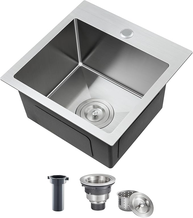 ROVATE 15 x 15 x 8 inch Drop in Bar Sink, Small Top-mount Kitchen Sink Single Bowl, Overmount Handmade 304 Stainless Steel Bar Sinks with Basket Strainer
