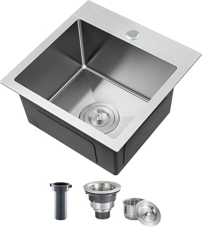 ROVATE 15 x 15 x 8 inch Drop in Bar Sink, Small Top-mount Kitchen Sink Single Bowl, Overmount Handmade 304 Stainless Steel Bar Sinks with Basket Strainer