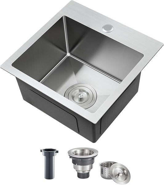 ROVATE 15 x 15 x 8 inch Drop in Bar Sink, Small Top-mount Kitchen Sink Single Bowl, Overmount Handmade 304 Stainless Steel Bar Sinks with Basket Strainer