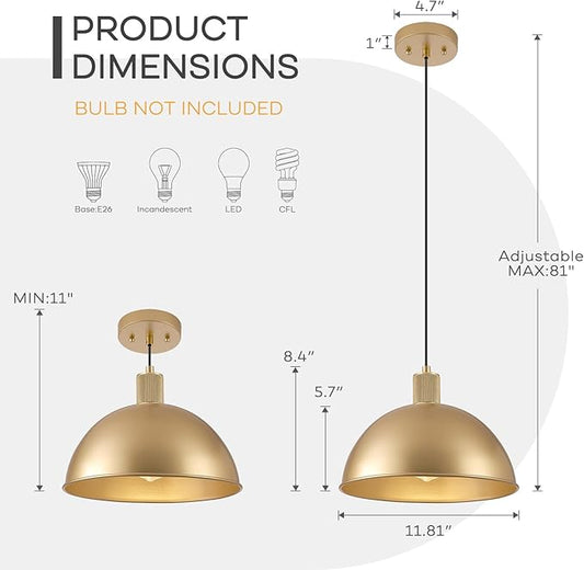 12 Inch Gold Dome Pendant Lights 3 Pack for Kitchen Island, Height Adjustable Farmhouse Industrial Hanging Light Fixtures Over Table for Dining Room, Entryway
