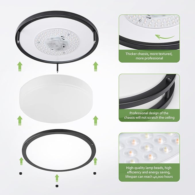 Flush Mount Ceiling Light - 8 Pack 36W 3000K/3500K/4000K/5000K/6000K Dimmable Led Ceiling Light Fixture for Kitchen Hallway Bedroom Bathroom (8, Black, 12 Inch)