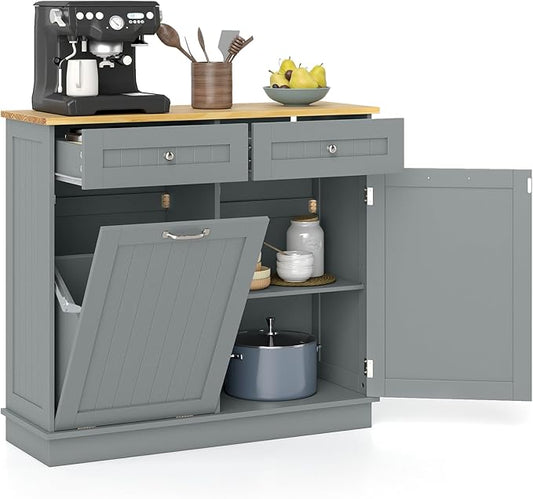 Giantex Tilt Out Trash Cabinet 15.5 Gallon, Wooden Laundry Room Cabinet, 2 Drawers, Storage Cabinet, Recycling Trash Cabinet, Kitchen Island with Garbage Can Holder, 39.5" x 14" x 35.5", Gray