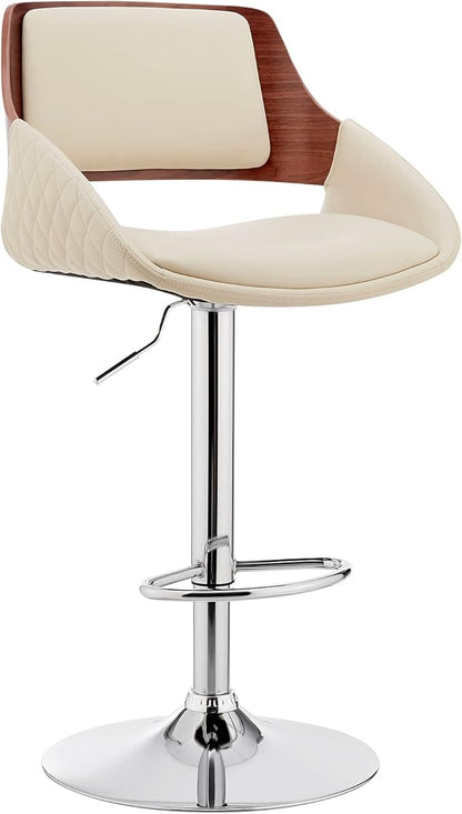 Armen Living Colby Modern Adjustable Height Swivel Cream Faux Leather and Walnut Wood Bar Stool with Chrome Base for Kitchen Island Counter