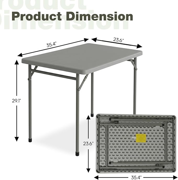 3ft Rectangular Folding Table for All-Occasion, Foldable Table with HDPE Tabletop and Steel Legs, Durable and Stable Small Folding Table, Perfect for Camping, Picnic, Party, Indoor & Outdoor, Grey