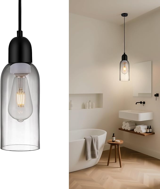 Modern Pendant Lights, Smoked Grey Glass Hanging Lamp with Matte Black Finish, Adjustable 48" Cord Pendant Light Fixtures for Kitchen Island Sink Bar Dining Room Farmhouse, E26 Base