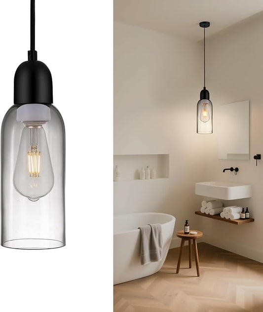 Modern Pendant Lights, Smoked Grey Glass Hanging Lamp with Matte Black Finish, Adjustable 48" Cord Pendant Light Fixtures for Kitchen Island Sink Bar Dining Room Farmhouse, E26 Base