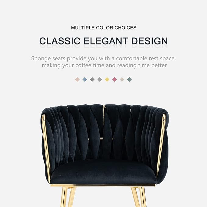 Nrizc Woven Dining Chairs Set of 4, Velvet Upholstered Dining Chairs with Gold Metal Legs, Modern Accent Chairs for Living Room, Dining Room, Kitchen (Black)