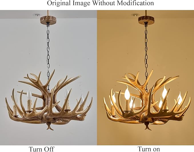 Antler Chandelier 6 Light, Rustic Style Antler Light Fixtures, E12 Base Deer Antler Chandelier Lighting for Home Store Bar (6 lamp arms + 3arm)