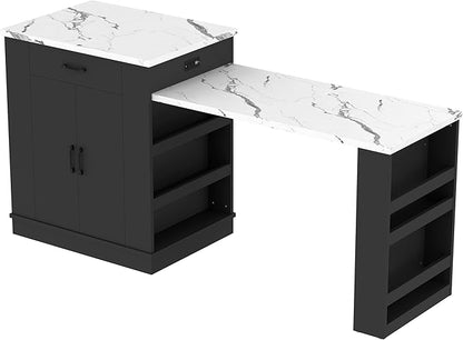 Kitchen Islands with Extendable Dining Table, Extendable Island Console with Drawers, Double-Door Cabinet and Open Shelving, Saving Space Island Table for Dining Room, Black