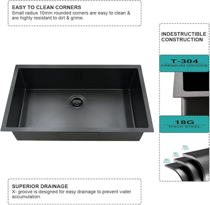 33 Inch Black Kitchen Sink and Faucet Combo Set-iAnomla 33x19 Undermount Sinks Black Stainless Steel Single Bowl Deep Kitchen Sink with Faucet Combo