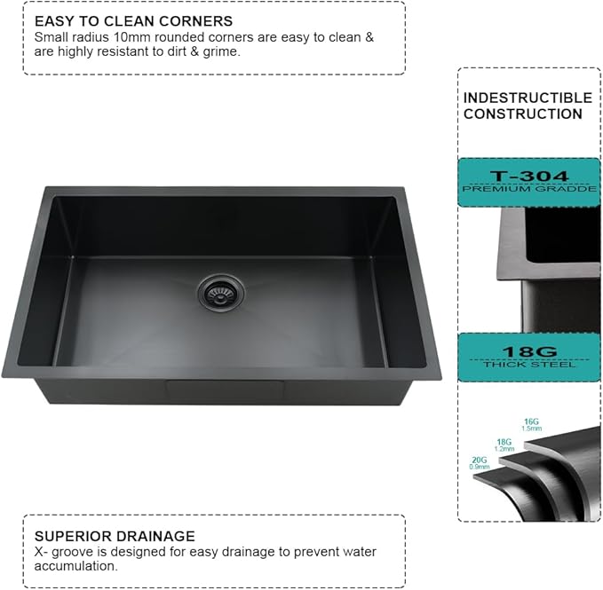 30 Inch Black Kitchen Sink with Faucet Combo-iAnomla 30x19 Black Stainless Steel Undermount Kitchen Sink 16 Gauge Single Bowl Deep Under Mount Sinks and Faucet Combo Set