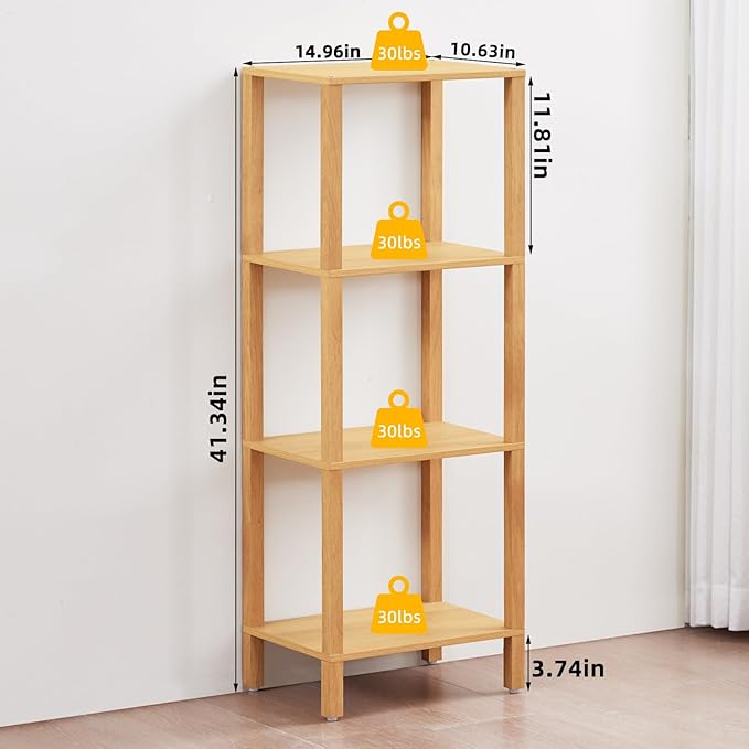 YUFAM 4 Tier Tall Bookshelf with Storage - Small Bookcase for Small Spaces, Shelf for Living Room, Office, Bedroom, Kitchen - Industrial Modern Natural Book Shelf