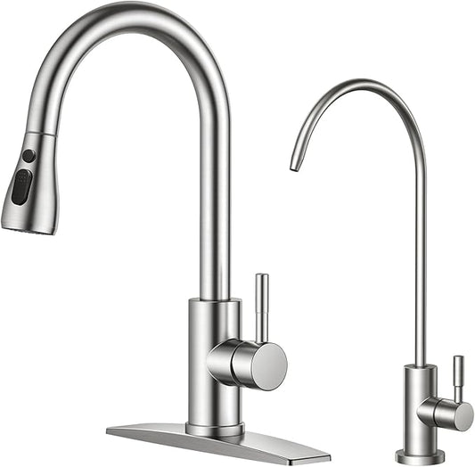 FORIOUS Kitchen Faucet and Water Filter Faucet Combo, Brushed Nickel Stainless Steel Bar Faucet Pull Down Sprayer and Drinking Purifier Faucet Set for Kitchen Sink RV Farmhouse Camper