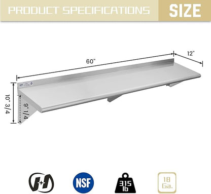 Hally Stainless Steel Shelf 12 x 60 Inches 315 lb, NSF Commercial Wall Mount Floating Shelving for Restaurant, Kitchen, Home and Hotel