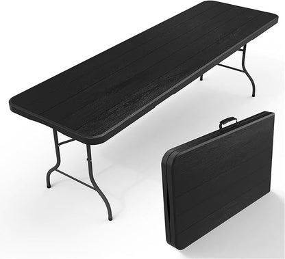 8Ft Plastic Folding Table Heavy Duty Portable Folding Tables 400 lbs, Wood Grain Tabletop for Working Meeting Parties, Picnic, Camping, Garden Dining (Black)