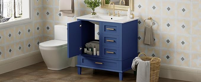 GDFStudio 30" Bathroom Vanity Sink Combo with 3 Drawers & 1 Soft Closing Door Floor Mount Freestanding Wood Bathroom Storage Cabinet Set with Ceramic Basin Sink Top for Small Bathroom Space, Blue