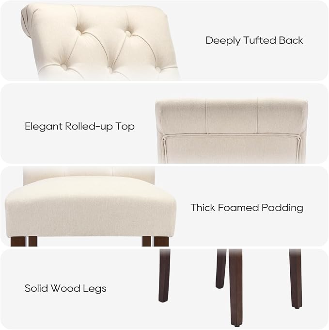 Tufted Dining Chairs Set of 2, Upholstered Parsons Dining Room Chairs, Fabric Kitchen Side Chair with Wood Legs, Beige