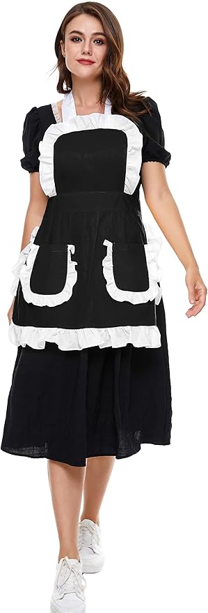 Women's Ruffles Outline Retro Pockets Apron Kitchen Cooking Cleaning Maid Costume (Black)