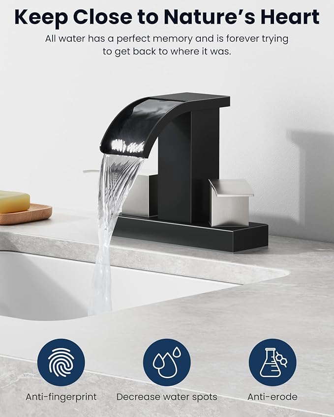gotonovo Waterfall 4 Inch Centerset Bathroom Sink Faucet 2 Handle Basin Faucets 2 or 3 Hole Deck Mount with Pop Up Drain Included Lavatory Modern Mixer Tap Vanity Faucet Matte Black & Brushed Nickel