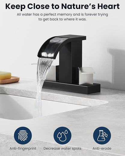 gotonovo Waterfall 4 Inch Centerset Bathroom Sink Faucet 2 Handle Basin Faucets 2 or 3 Hole Deck Mount with Pop Up Drain Included Lavatory Modern Mixer Tap Vanity Faucet Matte Black & Brushed Nickel