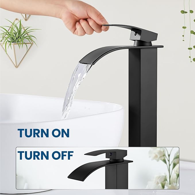 Airuida Vessel Sink Faucet Matte Black, Tall Waterfall Bathroom Faucet, Single Handle One Hole Mixer Bowl Tap with Large Rectangular Spout, Bar Sink Faucet Lavatory Vanity