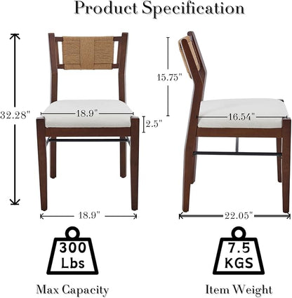 RIVOVA Farmhouse Woven Dining Chairs Set of 2 with Weave Paper Rope Back, White Chenille Upholstered Kitchen & Dining Room Chairs with Walnut Wood Legs, Mid-Century Armless Kitchen Side Chair