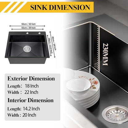 Black 22x18 Inch Kitchen And Bar Sink-Stainless Steel Drop In Single Bowl Topmount Kitchen&Bar Sink Combo-Sink Grid,Soap Dispenser,Drain Basket,Strainer Mesh,Drain Strainer Set for Modern Kitchen Sink