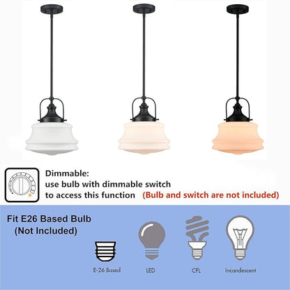 DEYNITE Industrial Pendant Light Fixtures Black Hanging Adjustable Schoolhouse Light Milk White Shade for Kitchen Bar Bedroom Bathroom Dining Room